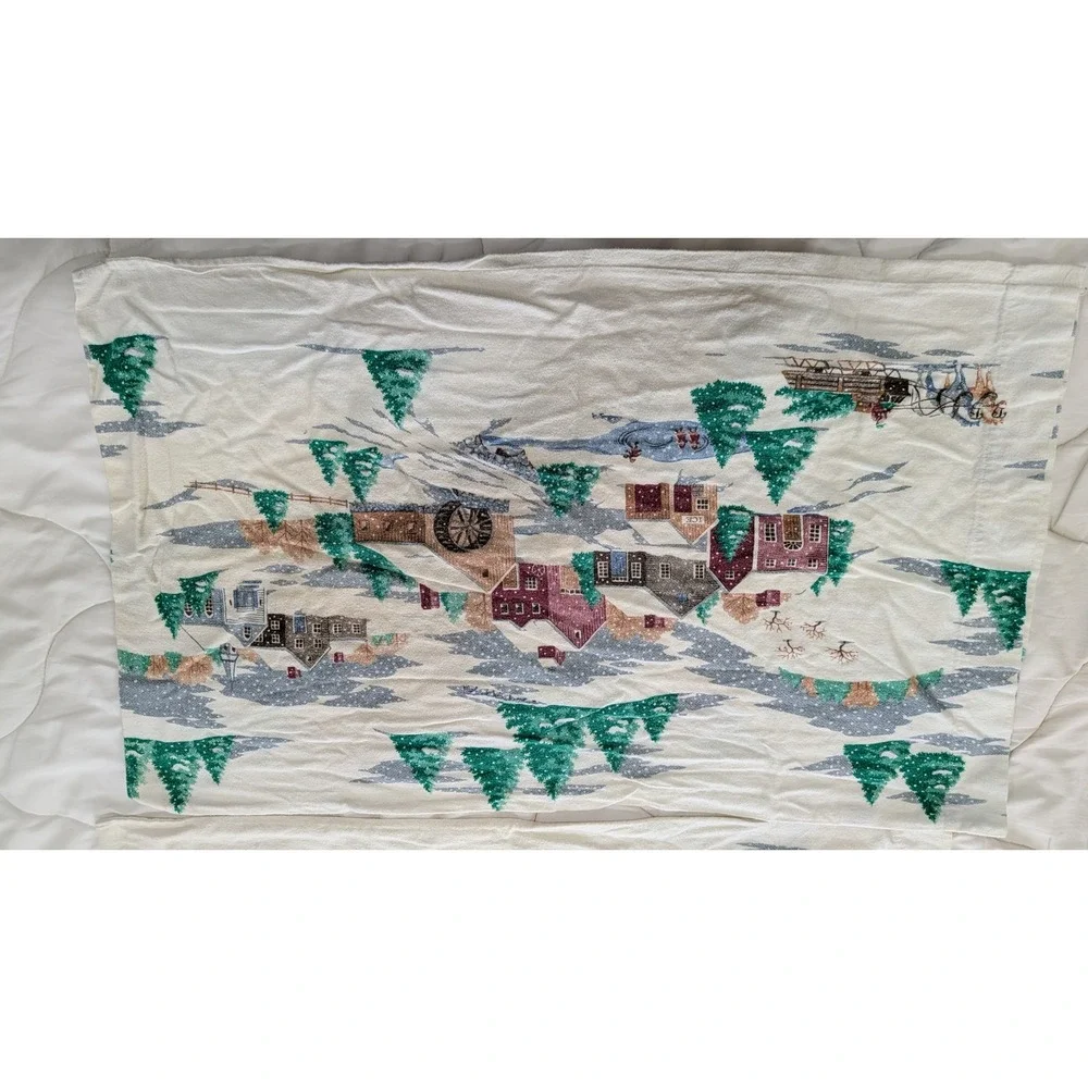 Vintage Winter Village Flannel Pillowcase Set Christmas Snowy Sleigh Farmhouse